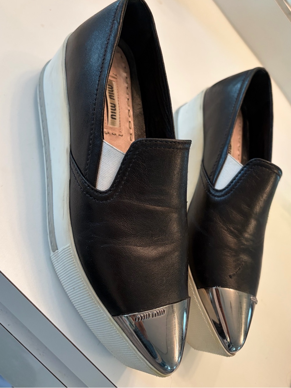 Miu Miu Black Leather Slip-On Platforn Sneakers with Silver Toe Cap - Picture 8 of 8